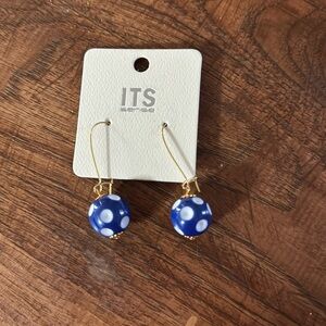 Blue and white polka dot dangling earrings